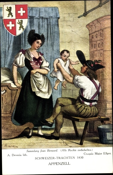 Wappen Ak Deveria, A., Eltern mit Baby in Schweizer Tracht, Appenzell 1830