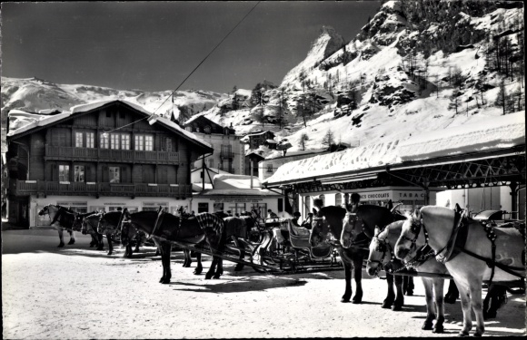 Postcard Zermatt Canton of Valais Switzerland, Bahnhofplatz and Matterhorn