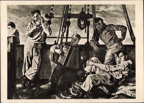 Artist Postcard Schwarte Hellweg, evening on board, sailors, HDK 498