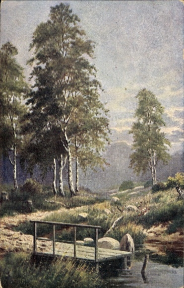 Künstler Ak Landschaftsmotiv, Birken, Wegpartie, Steg am Wasser