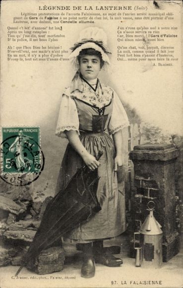 Postcard Falaise Calvados, Legende de la Lanterne, Woman in Dress with Umbrella