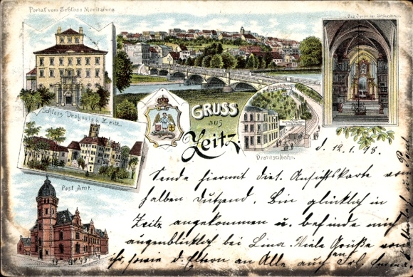 Litho Zeitz im Burgenlandkreis, Schlosskirche, Innenansicht, Portal v. Schloss Moritzburg, Postamt