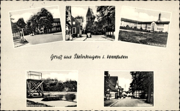 KP Steinhagen w Westfalii, zakład kąpielowy, szkoła podstawowa, centrum wsi, kościół, pomnik wojenny