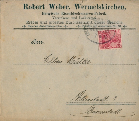 Bahnpoststempel Cöln (Rh.) - Korn...?, auf Brief, Bergische Eisenblechwaren-Fabrik Robert Weber