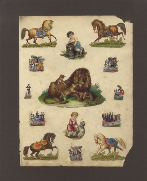 14 Oblaten Kinder, Löwen, Pferde, Kutschen, ca. 8 x 13 bis 3 x 2 cm