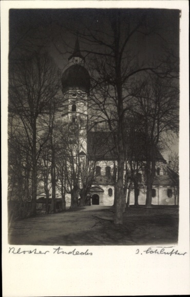 Postcard Herrsching am Ammersee, monastery, high tower, trees, black and white photo