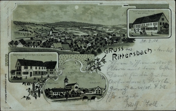 Moonlight Chromo-Litho Rittersbach Elztal in the Odenwald, Inn zum Ritter, zum Grüne Baum, Kirche
