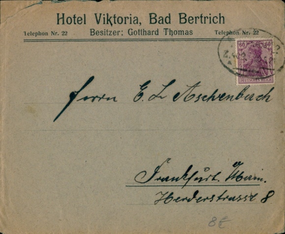 Railway postmark train 409, on letter, Hotel Viktoria, Bad Bertrich, owner Gotthard Thomas