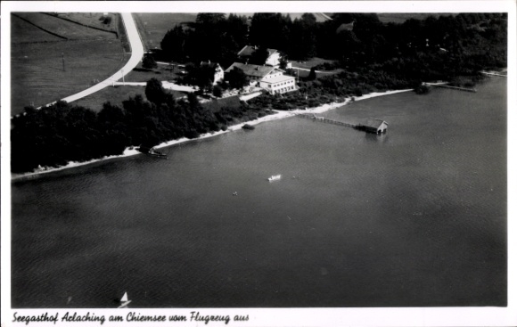 Postcard Arlaching Chieming in Upper Bavaria, aerial photograph, Chiemsee