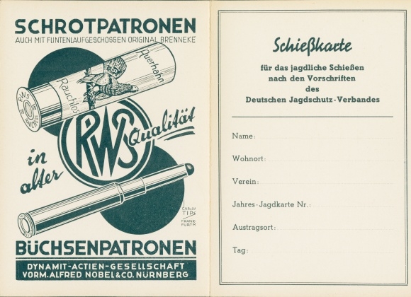 Folding Postcard shooting card, shotgun shells, shotgun shells, rifle cartridges, RWS, Dynamit AG Alfred Nobel