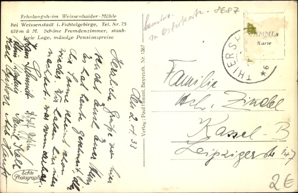 Postcard Weißenstadt in the valley of the Eger Fichtelgebirge, convalescent home Weissenhaider Mühle, forest