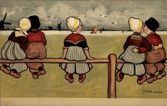 Artist Postcard Parkinson, E., Lovers and lonely girl, Dutch costume