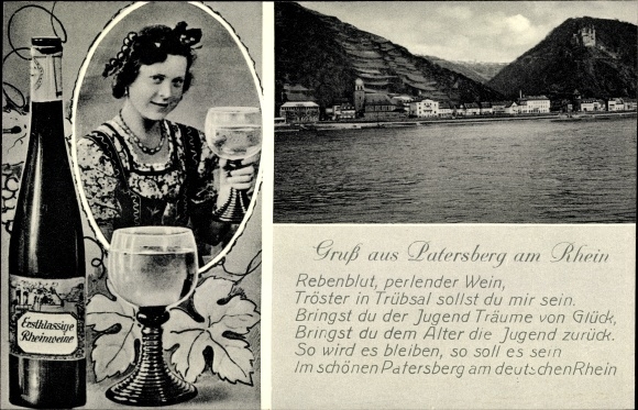 KP Patersberg am Rhein, kobieta w kostiumie z winem, Gasthof Rheinblick, widok na wodę