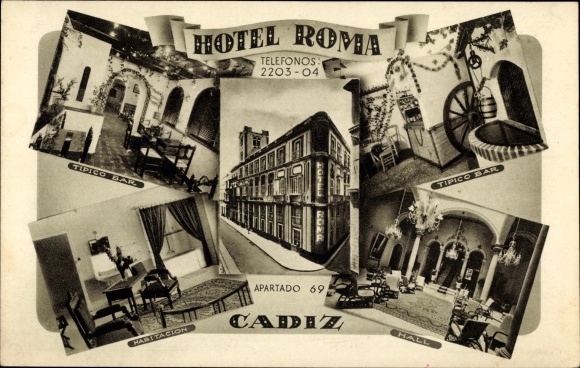Postcard Cadiz Andalusia Spain, Hotel Roma, Tipico Bar, Habitacion