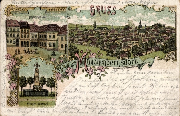 Chromo-Litho Münchenbernsdorf in Thuringia, total view, Bairischer Hof, war memorial