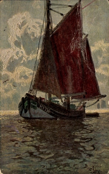 Artist Postcard Schreckhaase, Paul, fishing boat, sailing boat on the sea