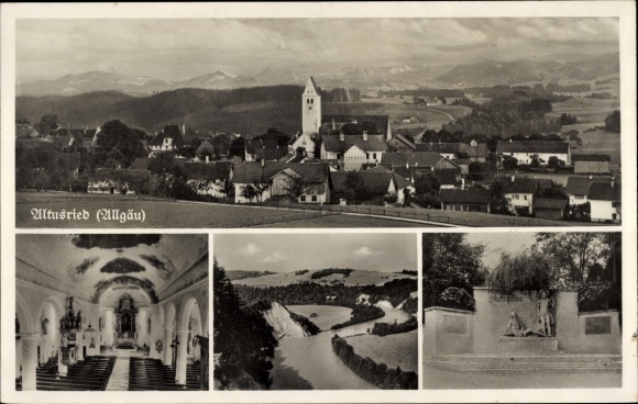 Postcard Altusried Ostallgäu Bavaria, general view, church, monument