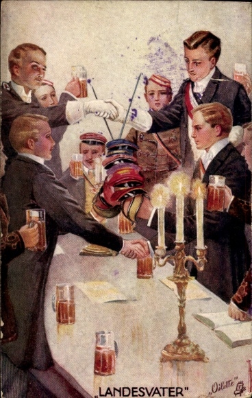 Studentika Postcard Landesvater, students with beer mugs, sword, tuck 283