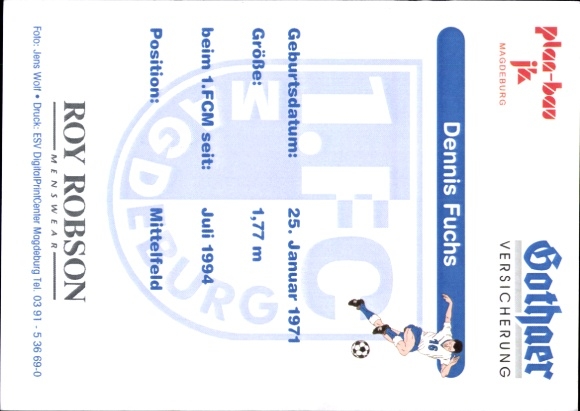 Handtekeningkaart voetballer Dennis Fuchs, 1. FC Magdeburg, handtekening