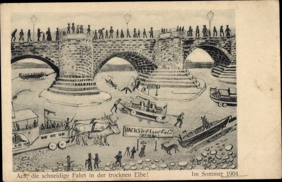 Postcard Dresden Altstadt, dashing ride in the dried up Elbe 1904, bridge