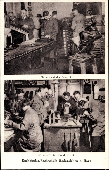 Postcard Badersleben Huy Harz Thuringia, bookbinding school, typesetting, interior view