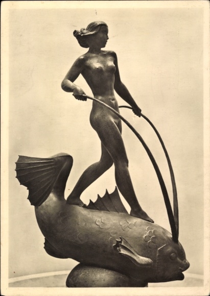 Postcard sculpture by Helmut Liebermann, Fish Rider, HDK 568, female nude
