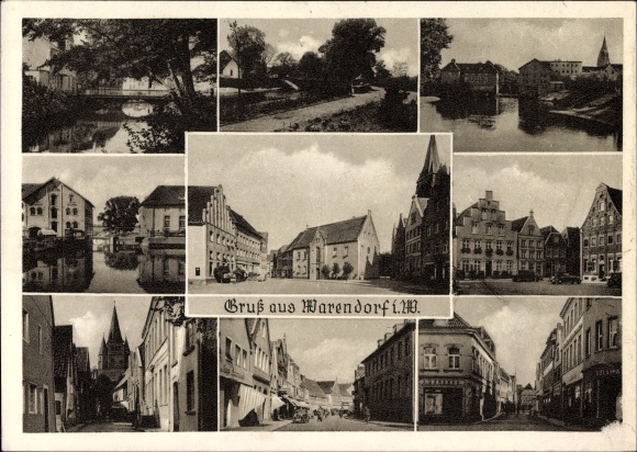 Ak Warendorf in Nordrhein Westfalen, Marktplatz, Giebelhäuser, Kirchturm, Geschäfte, Fluss