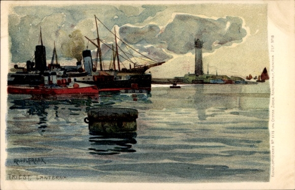 Artist Postcard Frank, Raoul, Trieste Friuli Venezia Giulia, harbor, steamships, lighthouse