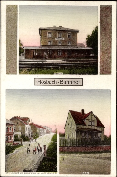 Postcard Hösbach Unterfranken, train station, track side, school, shop Josef Steigerwald