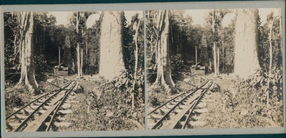 Stereo photo French Guiana, derrick, oil, rain forest, railroad tracks, world trip 1914