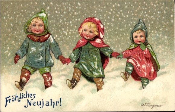 Künstler Ak Langner, W., Glückwunsch Neujahr, Kinder, Schnee