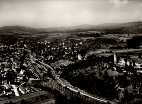 Postcard Lorch in the Remstal Württemberg, aerial view of Lorch, hilly landscape, church, houses, street