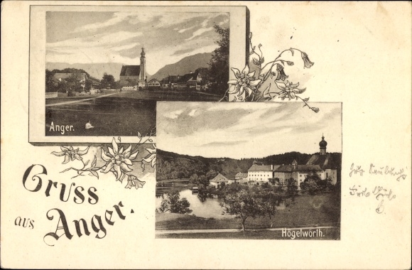 Postcard Högelwörth Anger Berchtesgadener Land, view of the town, church, monastery