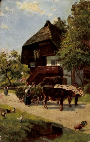 Artist Postcard Hoffmann, H., Green fodder import, wagon, Black Forest house