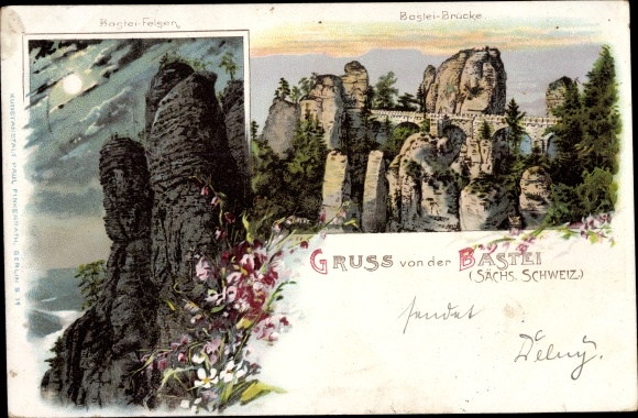 Chromo-Litho Lohmen in the Elbe Sandstone Mountains, Bastei Rocks, Bastei Bridge