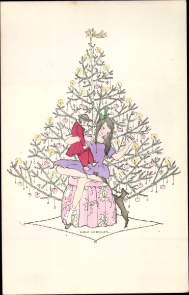 Artist PC Köhler, Mela, Merry Christmas, Christmas tree, girl with doll, dog