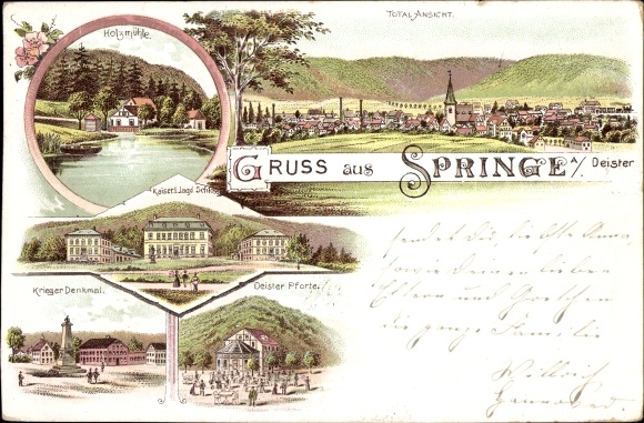 Chromo-Litho Springe am Deister, wood mill, Deisterfporte, war memorial, hunting lodge
