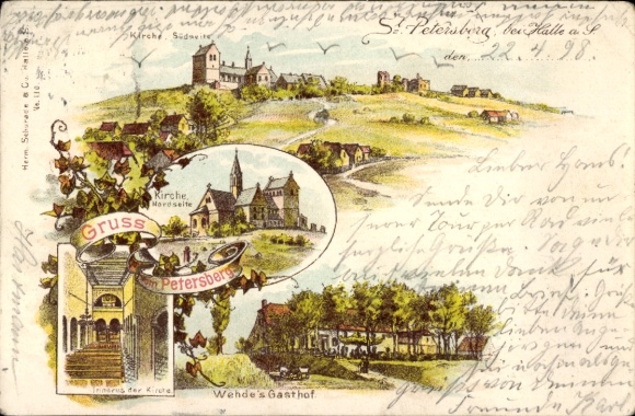 Litho Petersberg Saalekreis, Kirche, Innenansicht, Wehdes Gasthof