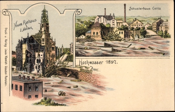 litho Dresden Löbtau, overstroming 1897, Schusterhaus Cotta, Nieuw Stadhuis