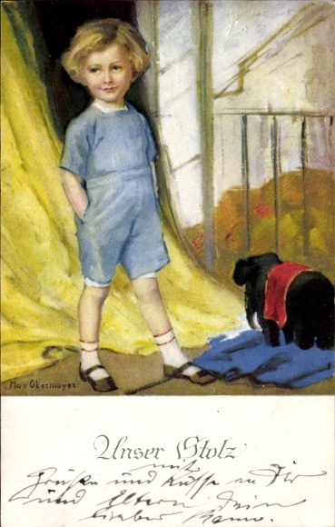 Artist Postcard Obermayer, Max, boy, toy elephant, Meissner book