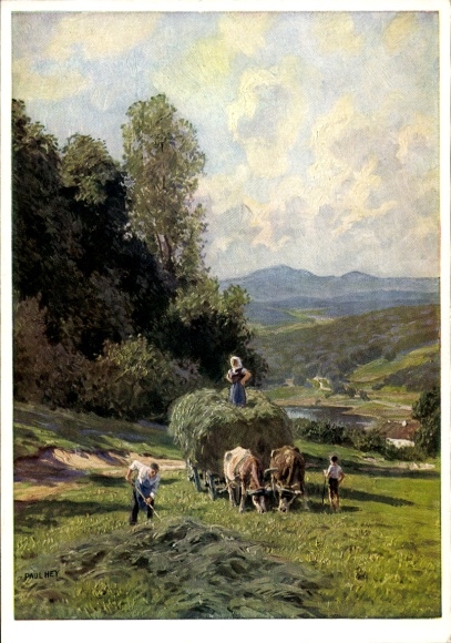 Artist Postcard Hey, Paul, hay harvest, agriculture, cattle cart