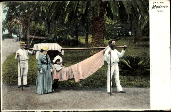 Postcard Island Madeira Portugal, speech, porter with hanging chair