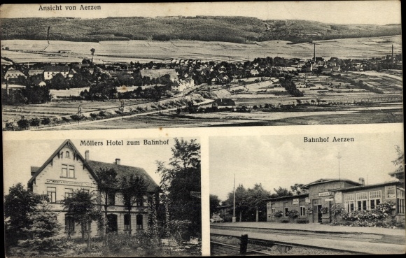 Postcard Aerzen in the Weserbergland, panorama, train station, Möllers Hotel to the train station