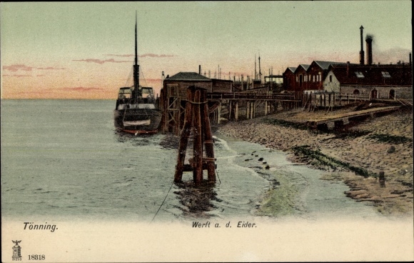 Ak Tönning aan de Eider Noord-Friesland, scheepswerf aan de Eider