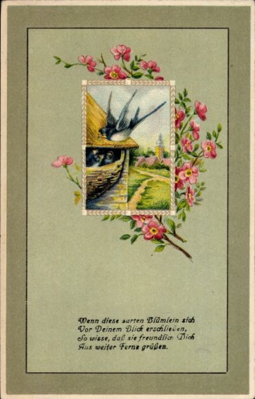 Präge Ak Schwalbennest, Blumen