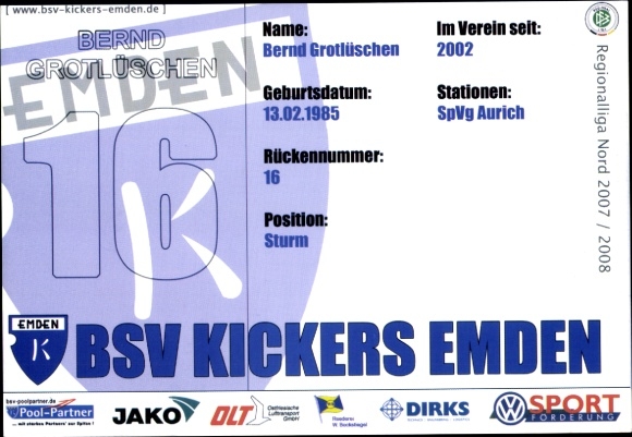 Karta autografu piłkarza Bernda Grotlüschena, BSV Kickers Emden, autograf