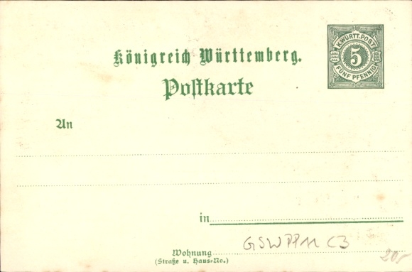 Postwaardestuk Stuttgart in Württemberg, tentoonstelling 1896, feestzaal, wapenschild, vrouw in klederdracht