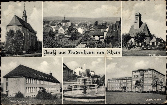 Ak Budenheim am Rhein, katholieke kerk, school, evangelisch Kerk, chemische fabriek