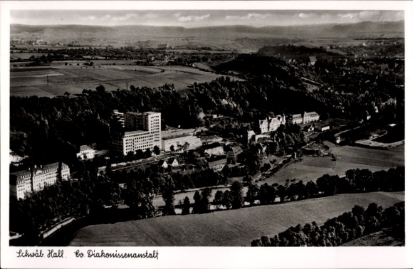 Postcard Schwäbisch Hall in Baden Württemberg, New Hospital, Deaconess Institution, aerial photograph