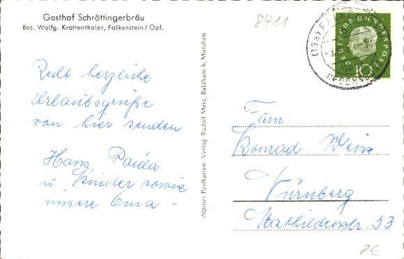 Postcard Falkenstein in the Upper Palatinate, general view, partial view, onion tower, Gasthof Schröttingerbräu
